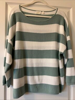 Cyrus Sage Green and White Striped Crewneck Sweater